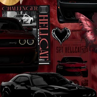 the black car is surrounded by red and gold wallpapers, including an angel Halloween Hellcat Doge Chalenger, Dodge Hellcat, Hellcat Redeye, Hellcat Car Aesthetic, black
