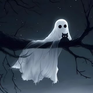 a ghost sitting on top of a tree branch with a cat in it's mouth Halloween Ghost Tree Ghost And Animal Art, Cute Grim Reaper, Grim Reaper Animal, dark slate gray