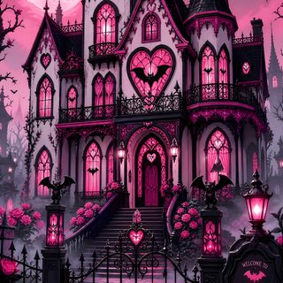 a halloween house with pink roses and bats in the front yard is lit up at night Monster High Halloween Draculaura, Monster High, Monster High Draculaura, dark slate gray
