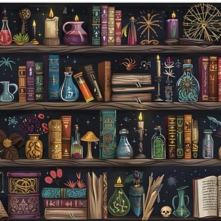 a book shelf filled with lots of books next to candles and other items on top of it Halloween Bookshelf Magic Shelves, Magical Bookshelf, Witchy Classroom, Fantasy Bookshelf Art, dark slate gray