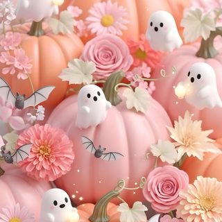a bunch of pumpkins with flowers and ghost faces in the middle of them on a pink background Pink And Orange Halloween Cute Pink Halloween, Cute Pink Halloween Phone Background, Girly Halloween Iphone, tan
