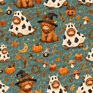 this is a very cute halloween pattern with bears and pumpkins on blue groundcloth Cow Halloween Halloween Highland Cow, Cottagecore Autumn, Fall Sewing, Fall Background, dim gray