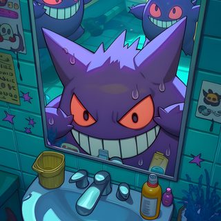 an image of a bathroom scene with monsters in the mirror and on the counter top Gengar Halloween Swampert Phone, Gengar Horizontal, Magikarp, Pokemon Gengar Art, dark slate gray