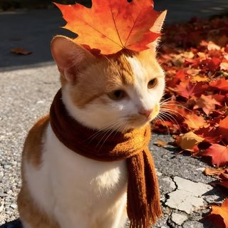 an orange and white cat wearing a scarf with a leaf on it's head Orange Cat Halloween Cat With Turkey, Autumn Orange Cat, Cat In Fall, Colourful Cat, saddle brown