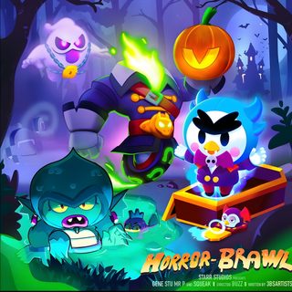 an image of cartoon halloween characters in the woods with bats and pumpkins behind them Halloween Pumpkin Brawl Custom Brawl Stars Pumpkin, Bluey Halloween Episode, Christmas Brawl Stars Characters, dark slate blue