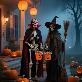 two skeletons dressed up in halloween costumes standing on a porch with pumpkins and lanterns Halloween Costumes Scary Halloween Pictures, Happy Halloween, Spooky Scary Skeletons Video, dark slate gray