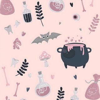 a pink and black pattern with witches, bats, and other items on the ground Cute Halloween Heart Pastel Halloween Iphone, Pastel Halloween Aesthetic, Pastel Pink Halloween Background, misty rose