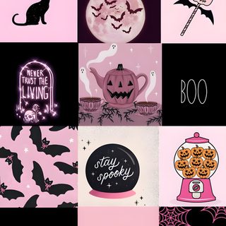 a collage of halloween cards with black cats and bats on pink, purple and black background Pink Halloween Collage gray