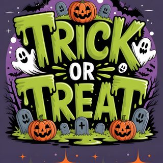 a trick or treat poster with pumpkins and ghost heads on it's purple background Large Scale Halloween Trick Or Treats Scary Photos, Halloween Shirt, Halloween, dark slate gray