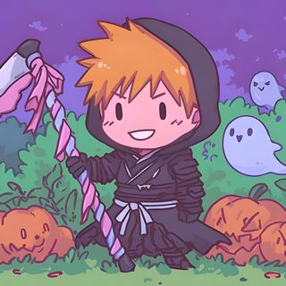 a cartoon character holding an umbrella next to pumpkins Bleach Halloween Ichigo Christmas, Bleach (anime, Ichigo Chibi Manga, Desktop, Halloween Desktop, gray