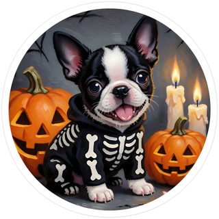 a painting of a dog wearing a skeleton shirt and sitting next to pumpkins with candles in the background Halloween Boston Terrier indian red