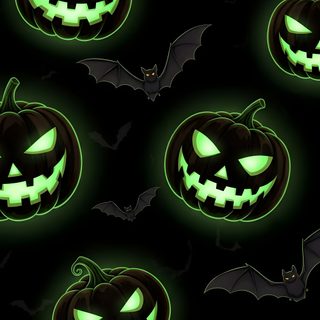 halloween pumpkins glowing in the dark with green eyes and bats around them on a black background Green Halloween Green Halloween Phone, Green Spooky Background, Aesthetic Green Halloween Background, black
