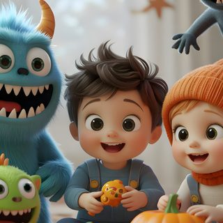 a group of children sitting on the floor in front of halloween pumpkins and monsters Baby Halloween Halloween Cartoon Iphone, Scary For Kids, Cute Halloween For Boys, Halloween Cartoon 4k, gray