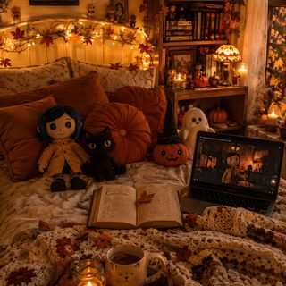 a bedroom decorated for halloween with pumpkins and books Cozy Halloween Aesthetic maroon