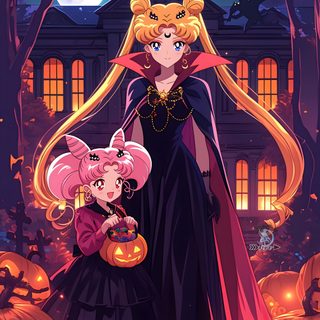 two girls dressed up as witches in front of a house with pumpkins on the ground Sailor Moon Halloween Sailor Moon Halloween, Black Lady And Tuxedo Mask, Sailor Moon Black Lady, dark slate gray