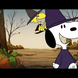a cartoon dog wearing a witches hat and holding a pumpkin in front of an autumn scene Snoopy Halloween Gif Snoopy Halloween Gif, Peanuts Halloween Widget, Snoopy Halloween Desktop, dark olive green
