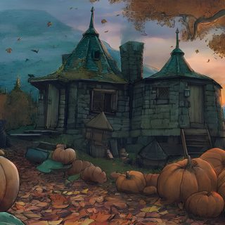 a painting of pumpkins on the ground in front of an old house and trees Hogwarts Halloween Desktop Geek House, Hagrids Hut, Harry Potter Painting, dark slate gray