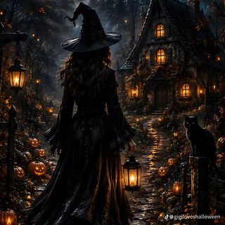 a woman dressed as a witch walking down a path with pumpkins Halloween Season Of The Witch black