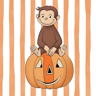 a monkey sitting on top of a jack o'lantern with stripes in the background Halloween Curios George Curious George, wheat