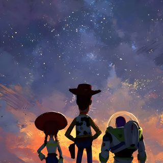 two cartoon characters are standing in front of an orange and blue sky with stars above them Toy Story Halloween Pixar, Birthday E-card, Disney Canvas Art, Disney, Toy Story Movie, dark slate gray