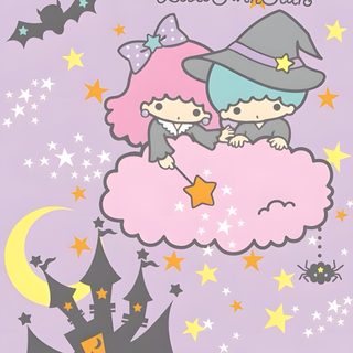 two cats sitting on top of a cloud with pumpkins in front of the castle Little Twin Stars Halloween Little Twin Stars Halloween, Sanrio Little Twin Stars, Kiki And Lala Halloween, thistle