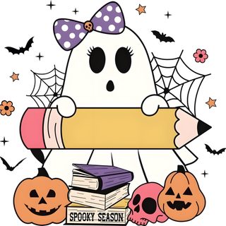 a cartoon character holding a sign with books and pumpkins around it on halloween day Halloween Teacher floral white
