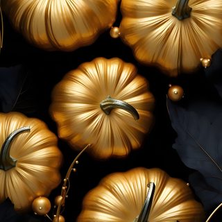 gold pumpkins and leaves on a black background Black And Gold Halloween Golden October, Black And Gold Halloween Background, Black And Gold Skull,
