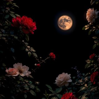 the full moon is shining brightly in the dark night sky with red and white flowers Moonlight Flowers Halloween Floral Night Aesthetic Moon And Rose, Moon And Rose Background, Moon And Roses Aesthetic, black