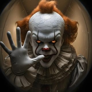 a creepy clown with red hair and orange eyes holding his hand up to the camera Clown Halloween Pennywise Cool Photo, Pennywise Clown Image, Pennywise Horror, black