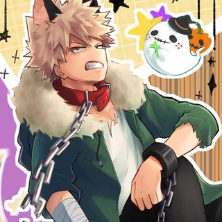 an anime character wearing a green jacket and red collar with his hands on his hips Bakugou Halloween Bakugo In Halloween Costume, Bakugou Halloween, Bakugo Halloween Pfp, rosy brown
