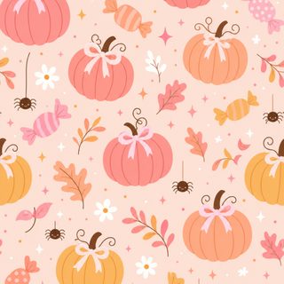 a pattern with pumpkins and leaves on a pink background Pastel Halloween Medium-pumpkin Patch Pumpkin Candy, Candy, antique white