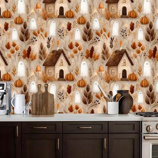 a kitchen with a stove, microwave and wallpaper that has houses on the wall Halloween Kitchen Renter Friendly, Contact Paper, Accent, Kitchen Wall Decor, The Holiday Aisle, rosy brown
