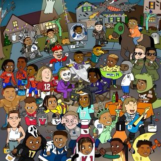 a large group of people standing together in front of a cityscape at night Halloween Nfl Cartoon Network Football Show, Animated Football Nfl, Nfl Cartoon Art, dim gray