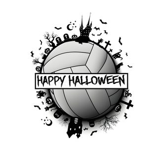 a volleyball ball with the words happy halloween on it and splatters around it Volleyball Halloween Halloween Party Decoration Ideas, Black And White Halloween Theme, Halloween Volleyball Design,