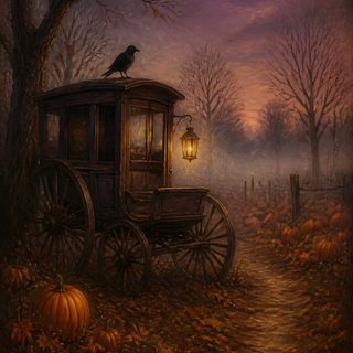 a painting of a horse drawn carriage in the middle of a field with pumpkins Old Ways Halloween black
