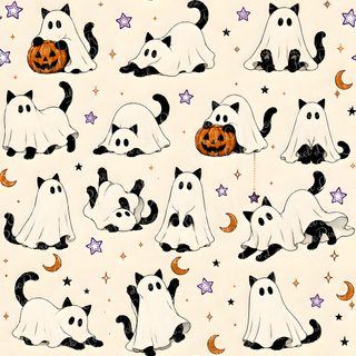 halloween ghost dogs and cats with pumpkins on white fabric by the yard for free spirit fabrics Halloween For Nursery Halloween Cats, Halloween Pattern, October, Happy Halloween Pictures, cornsilk
