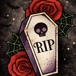 a bottle with the word rip on it next to a red rose and a spooky skull Cute Halloween Coffin Coffin Pictures Drawings, Victorian Steampunk, Coffin Drawings Cute, dark slate gray