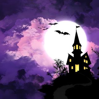 a spooky halloween house with bats flying over it Purple Halloween 4k Purple Halloween Castle, Spooky Castle With Bats, Spooky Bat And Castle Design, midnight blue