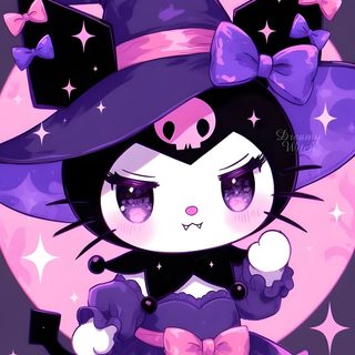 a cartoon character wearing a purple dress and hat with stars around her head, standing in front of a full moon Halloween Purple Halloween Cute Kuromi Halloween Backgrounds, Fall Artwork, Target Toys, dark slate blue
