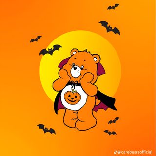 an orange halloween background with bats and a teddy bear holding a pumpkin in it's mouth Care Bears Halloween Care Bear Halloween Illustration, Cute Halloween Card Inspiration, Halloween Care Bear Art, dark orange