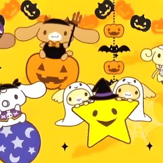 a group of cartoon characters with pumpkins and bats in the background, all dressed up for halloween Cinnamoroll Halloween Gif Cinnamoroll Halloween Gif, Hello Kitty And Friends Halloween Gif, Halloween Hello Kitty Gif, gold