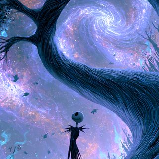 a painting of a person standing in front of a tree with swirls and stars Tim Burton Halloween Halloween Aesthetic Cartoon, Nightmare Before Christmas Background, Whimsical Goth, dark slate blue