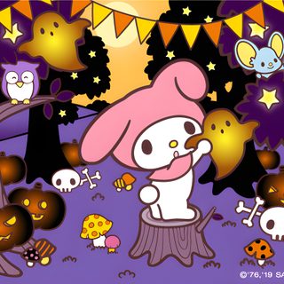 hello kitty in the woods surrounded by pumpkins and other halloween related items, with bunnies all around My Melody Halloween Hello Kitty Halloween Laptop, Sanrio Fall Laptop, Sanrio Fall Background, dim gray