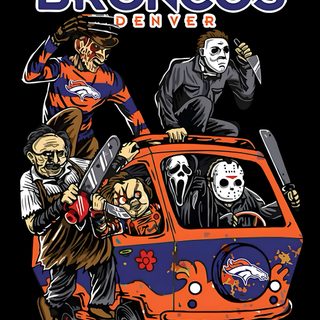 an orange car with three skeletons on it and the words bronco's denver Denver Broncos Halloween Broncos Halloween, Denver Broncos Image, Denver Broncos Halloween, black
