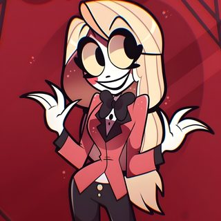 a drawing of a girl with long blonde hair wearing a pink shirt and black pants Happy Halloween Charlie Charlie The Icon, Charlie Morningstar Hazbin Hotel Portrait, Fanart Charlie Morningstar Fanart Pfp, brown