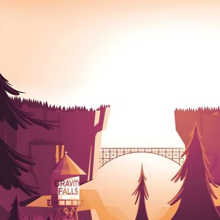 an orange and purple background with trees and a bridge Gravity Falls Halloween Animated Show Background Inspiration, Gravity Falls Fan Art Ideas, Gravity Falls Forest Landscape, coral