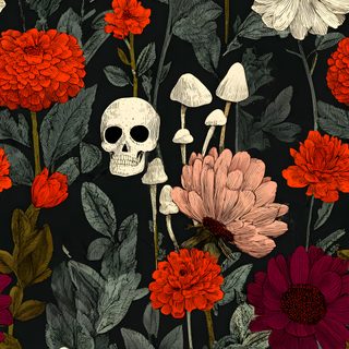 a bunch of flowers and skulls on a black background Halloween Floral Aesthetic Phone Spooky Aesthetic, Phone Spooky, Dia De Los Muertos Aesthetic, saddle brown