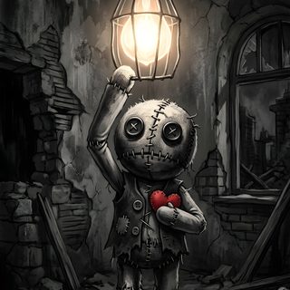 a cartoon character holding a heart under a light Halloween Voodoo Doll Voodoo Art, Bio Organic Tattoo, Organic Tattoo, Dark Pictures, Stunning Eyes, black