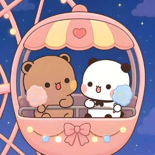 two teddy bears are riding in a ferris wheel at night with the city lights behind them Bubu Dudu Halloween dark slate blue