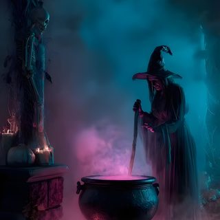 a woman dressed as a witch holding a staff standing in front of a caulder filled with candles Halloween Witch Cauldron Halloween Sounds, Happy Halloween Pictures, Halloween House Party, dark slate gray